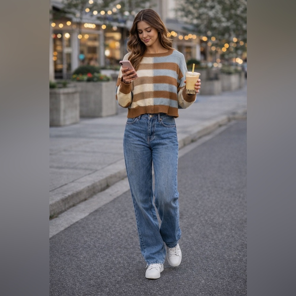 Altar’d State XS Colorblock Striped Cropped Sweater Neutral Knit